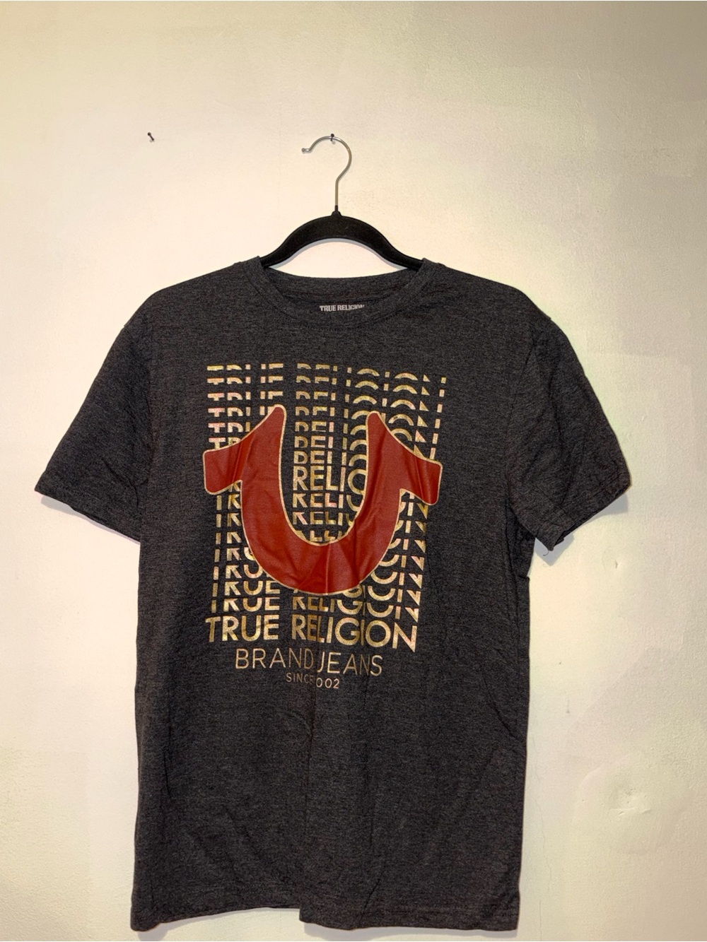 True Religion Charcoal Tee with Red Horseshoe and Gold Print